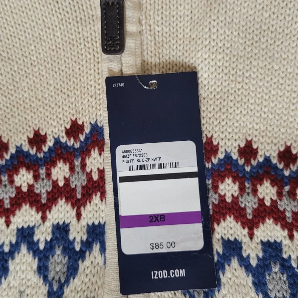 IZOD Mens 2XB NEW Fair Isle Christmas Holiday Winter Quarter Zip Sweater Cream